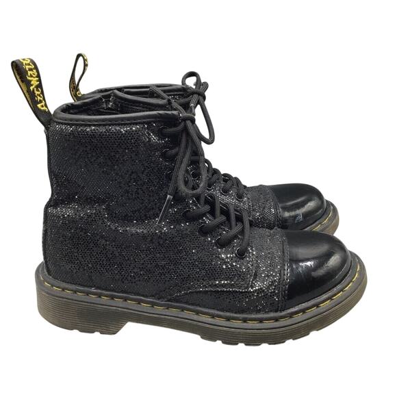 Dr. Martens Boots Girls Sz 1 1460 Combat Leather Black Pull Tab Glitter Lace Up - Picture 1 of 9